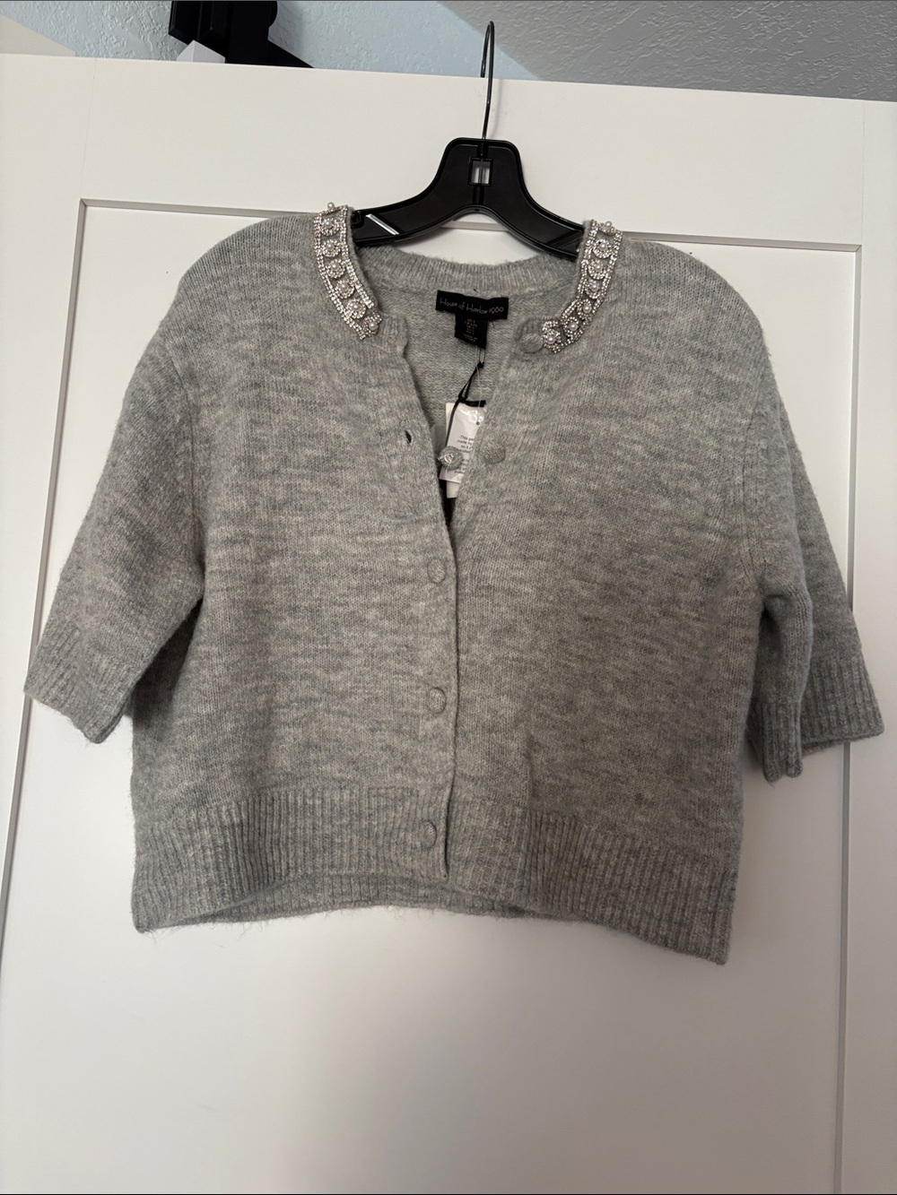 House of Harlow 1960 Gray Embellished-Collar Short Cardigan Sz L